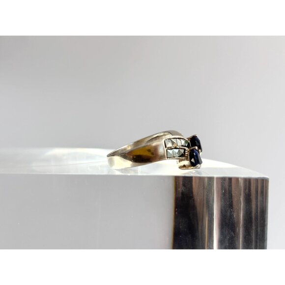 Blue Sapphire & Marcasite Accented 925 Sterling Silver Vintage Ring - sz 6.75 - Picture 3 of 13